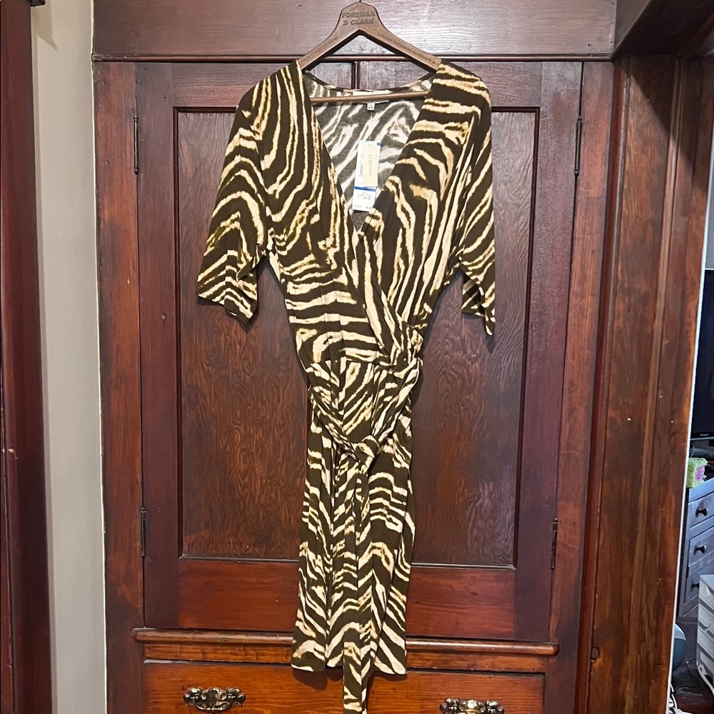 Jones New York Brown & Cream Zebra-Print Faux Wrap Midi Dress